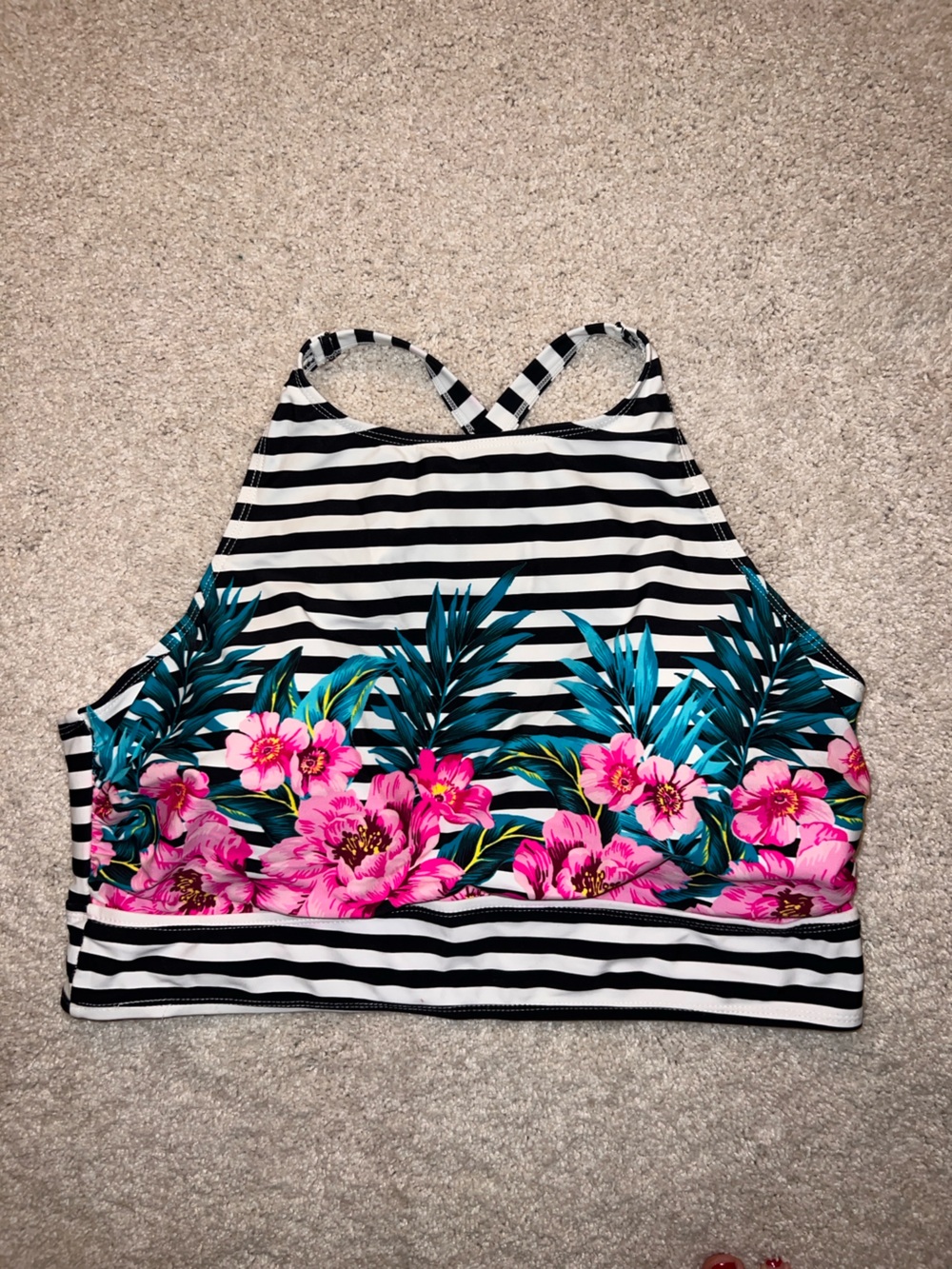 torrid Black & White Stripe Bikini Top with Pink Floral Trim